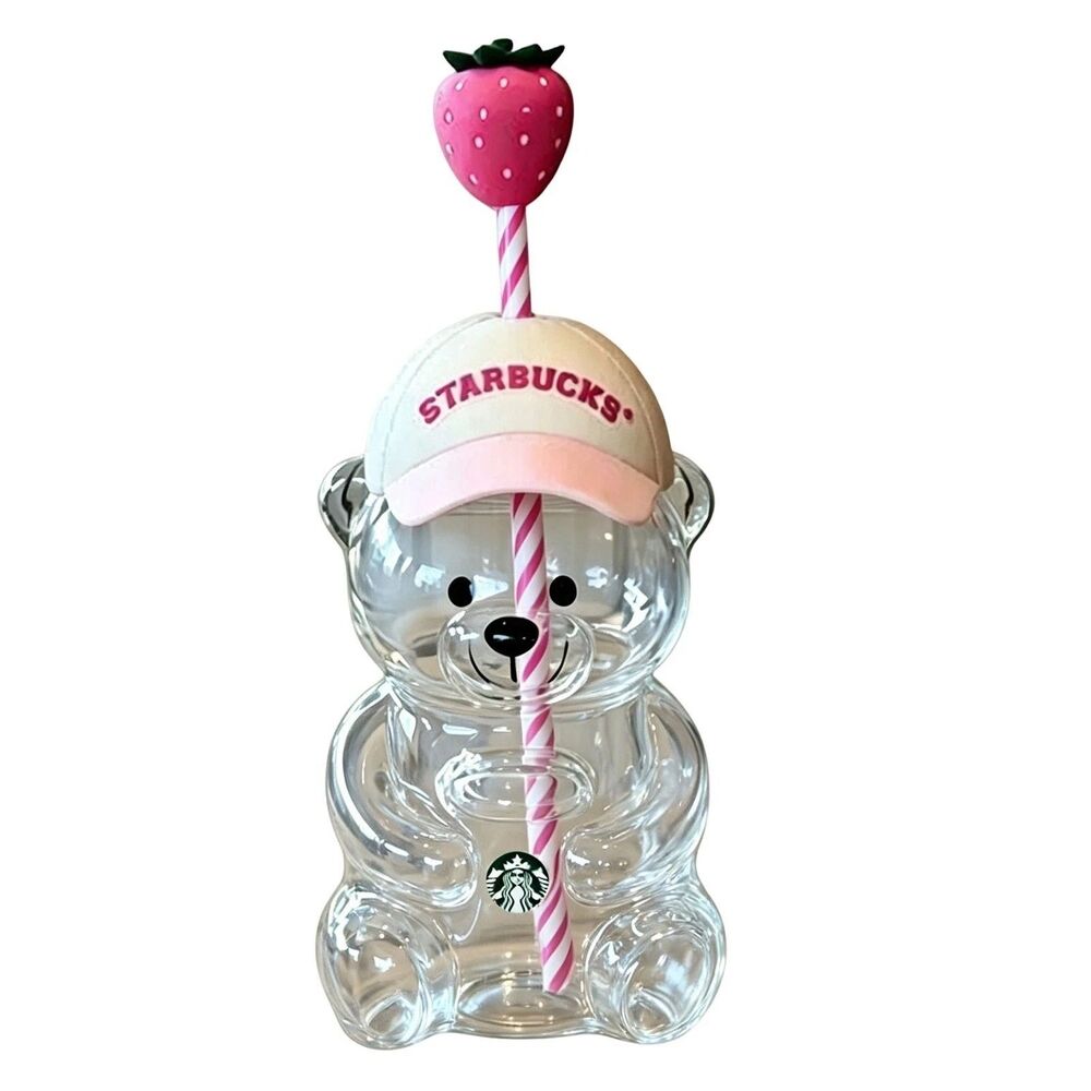 Authentic NEW Starbucks Bearista Bear Glass Pink Drink Strawberry Cup 20 oz.